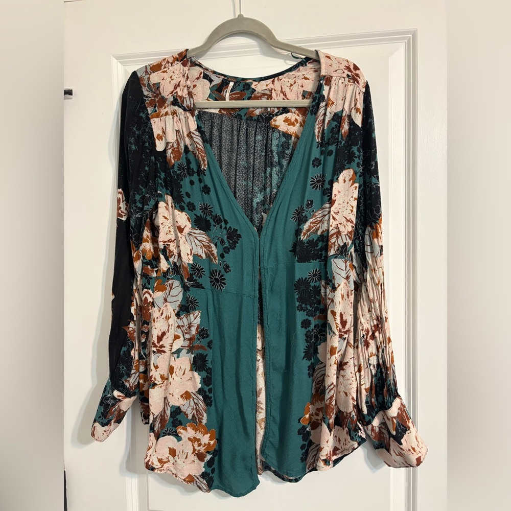 Free People Teal Floral V-Neck Tunic